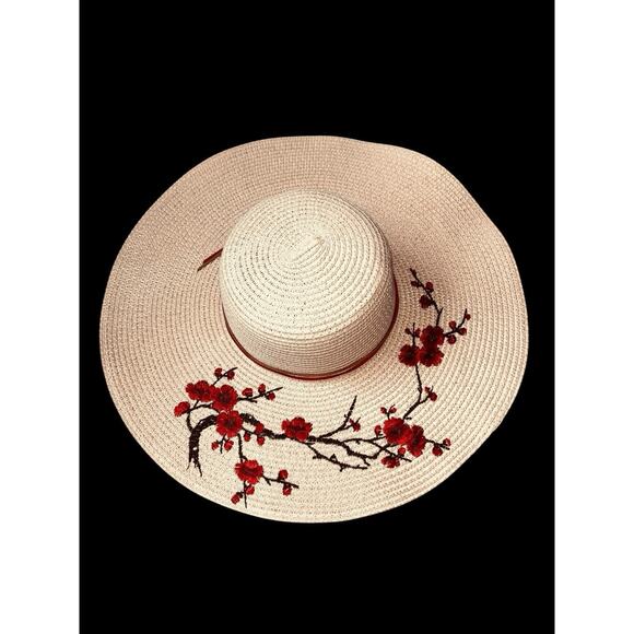 Unbranded Accessories - Wide Brim Pink Straw Sun Hat With Red & Black Delicate Floral Embroidery Design
